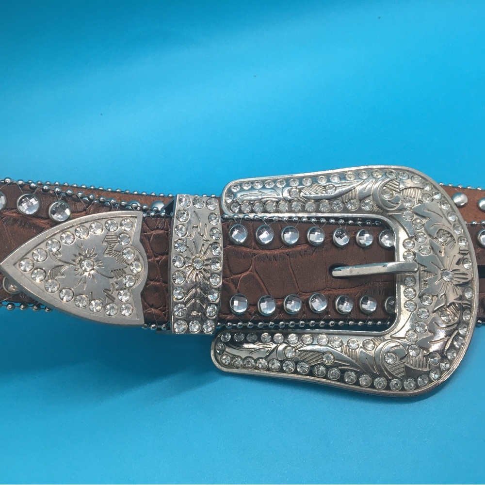Brown Leather Belt with Silver Embellished Buckle
